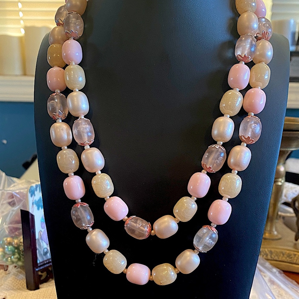 Elegant Hong Kong Pink and Cream Beaded Necklace with Fancy Clasp and Bead Caps